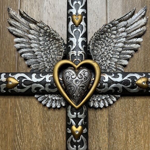 Angel Wings Cross Wall Hanging Resin Silver Gold Spiritual Religious Decor 20" - Picture 2 of 6